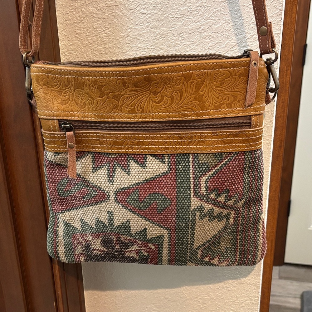 OLAY Brown and Green Geometric Crossbody Bag